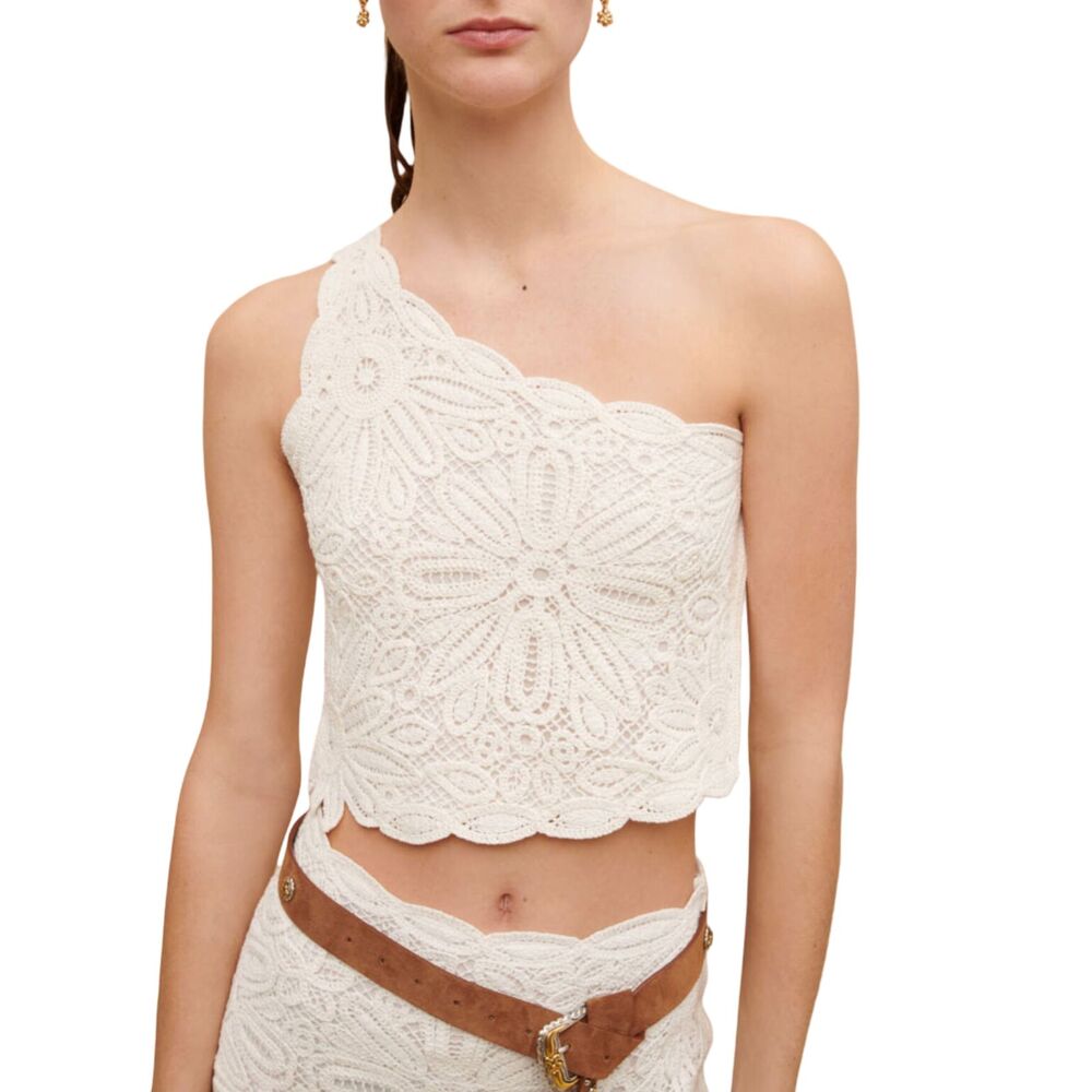 Maje NWOT Larkety One Shoulder Crochet Lace Crop Top White Scalloped Sz 3 M
